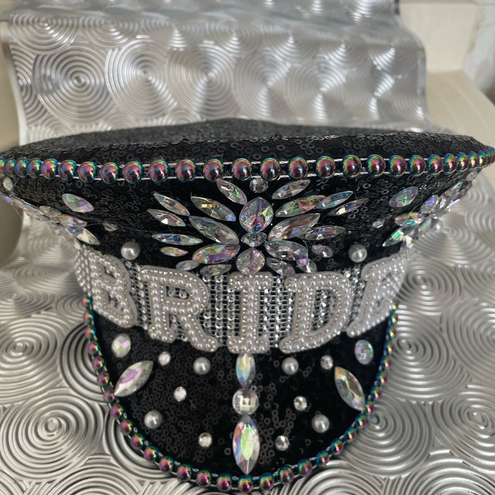 Black Sequin Bride Captain’s Hat with Rhinestones NWOT